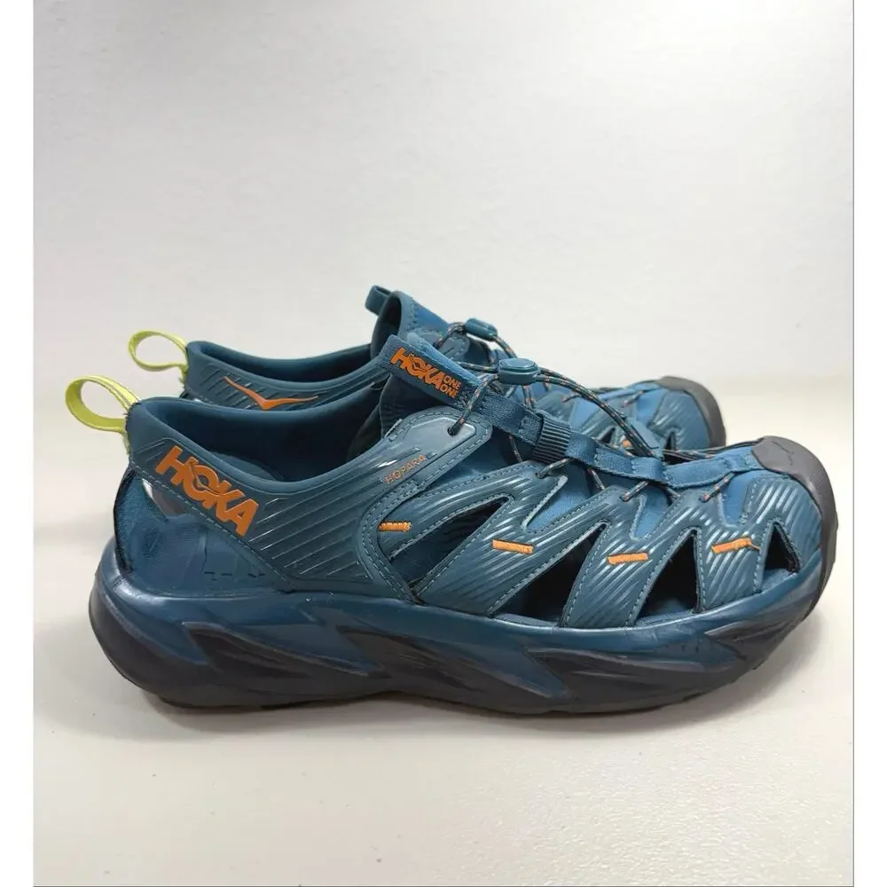 HOKA Hopara Men’s 10.5 Blue Orange Hiking Sandals Slip On Quick Lace